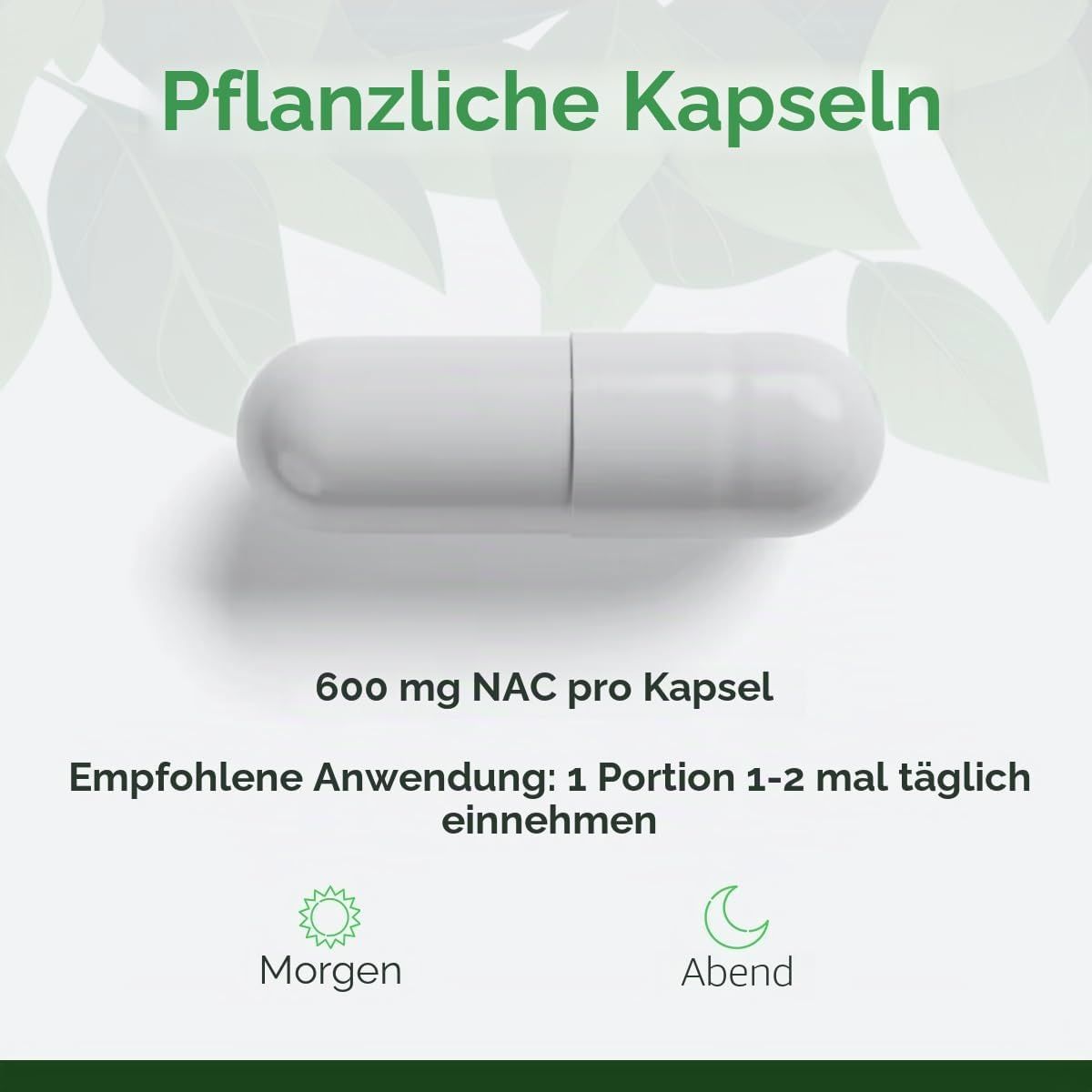 Eine weiße Kapsel mit Blättern im Hintergrund. 600 mg NAC pro Kapsel.