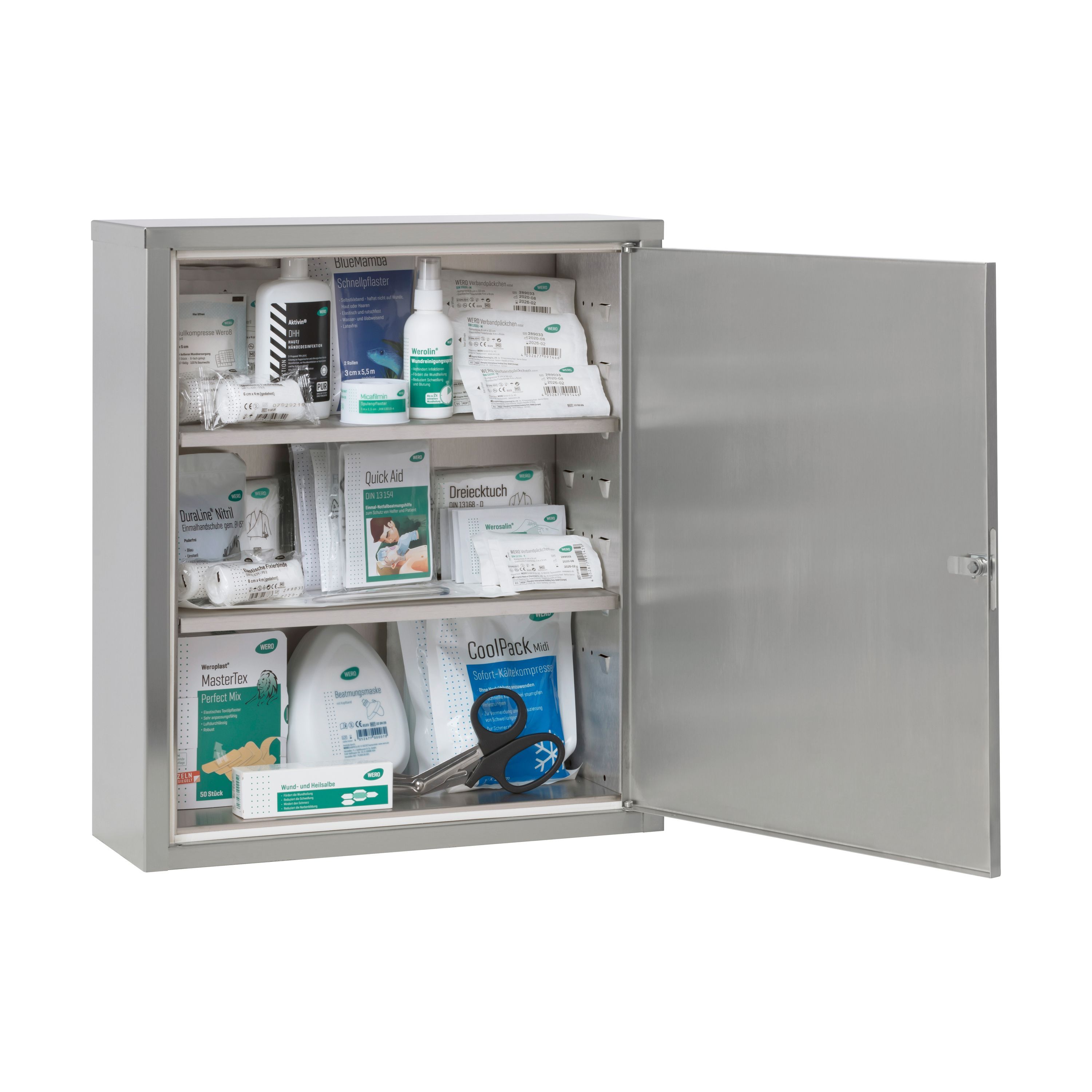 Offener Verbandschrank aus Edelstahl mit Inhalt. Enthält Verbandsmaterial, Flaschen, Schere und weitere Artikel.