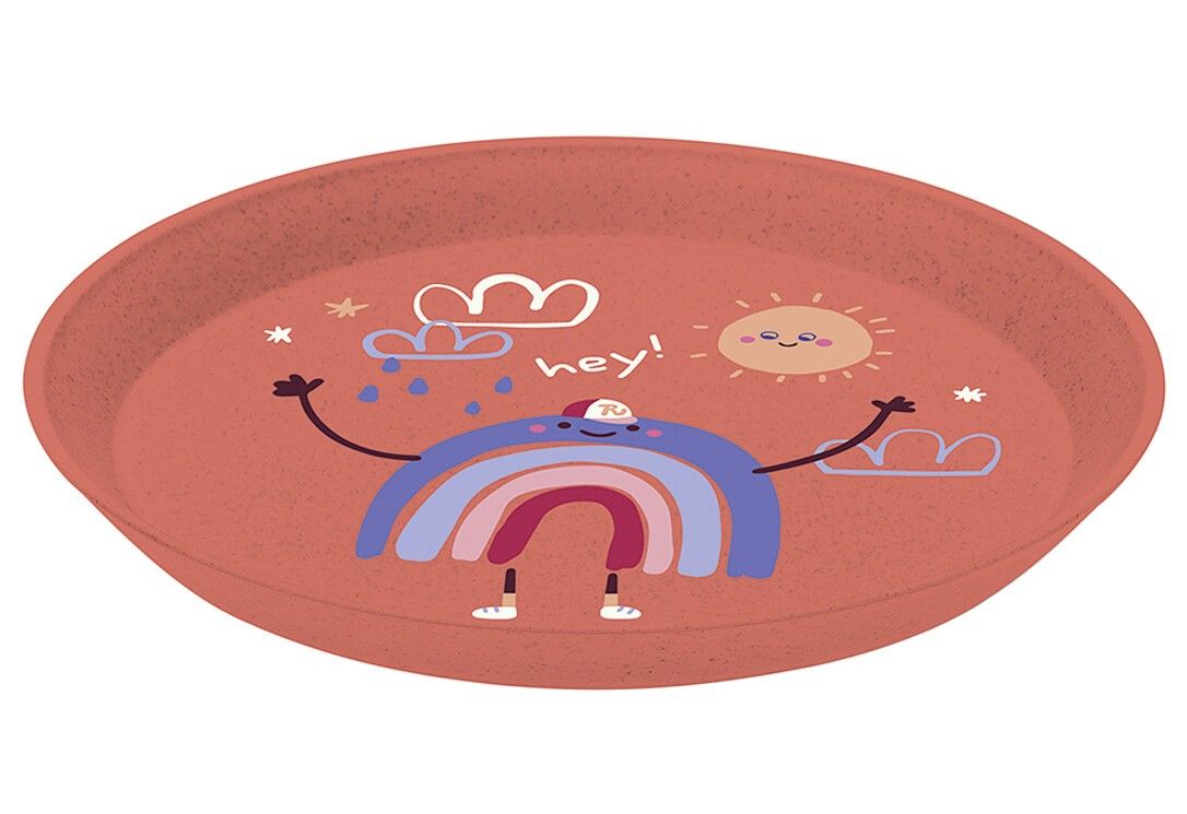 Roter Teller mit Regenbogen-Illustration. Teil des KOZIOL 'Dreams' Sets. Runde Form.