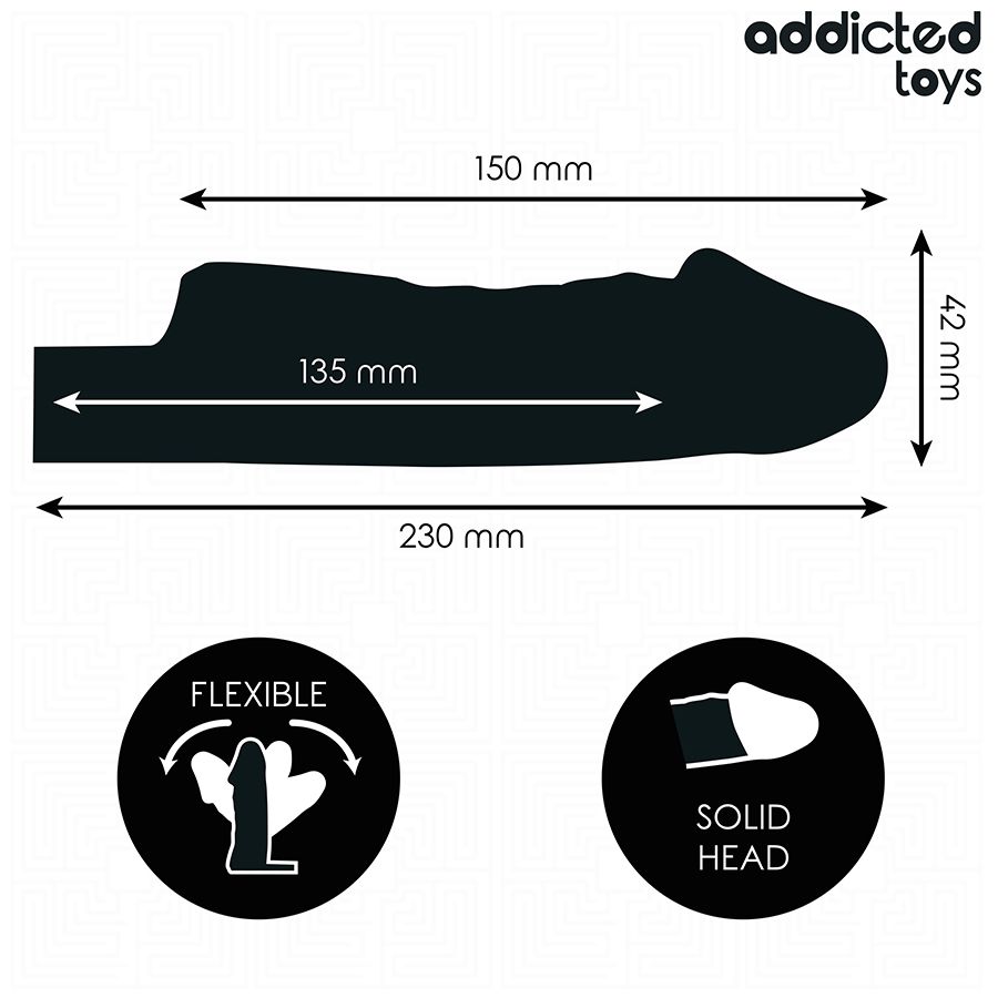 Silhouettenzeichnung des Verlängerungsstücks mit Maßangaben: 230 mm, 150 mm, 135 mm, 42 mm. Flexible und feste Kopf-Symbole.