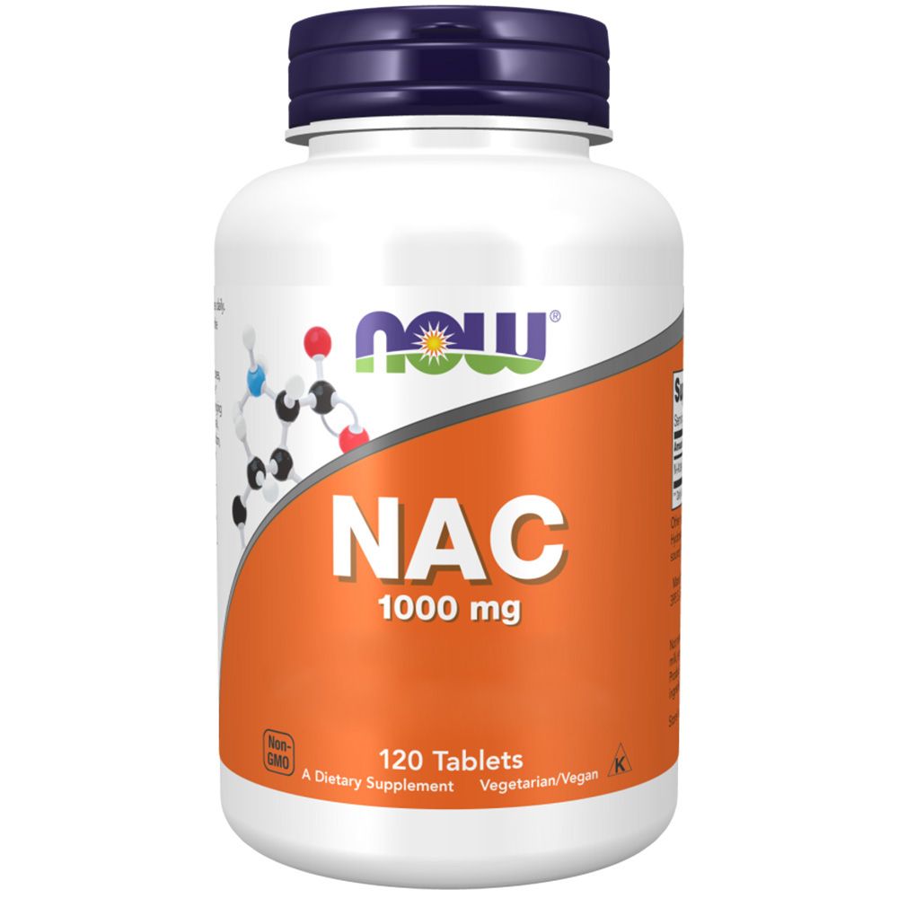 Weiße Flasche mit NAC 1000 mg Tabletten. Orangefarbenes Etikett mit Produktnamen und Logo. 120 Tabletten, vegetarisch/vegan.