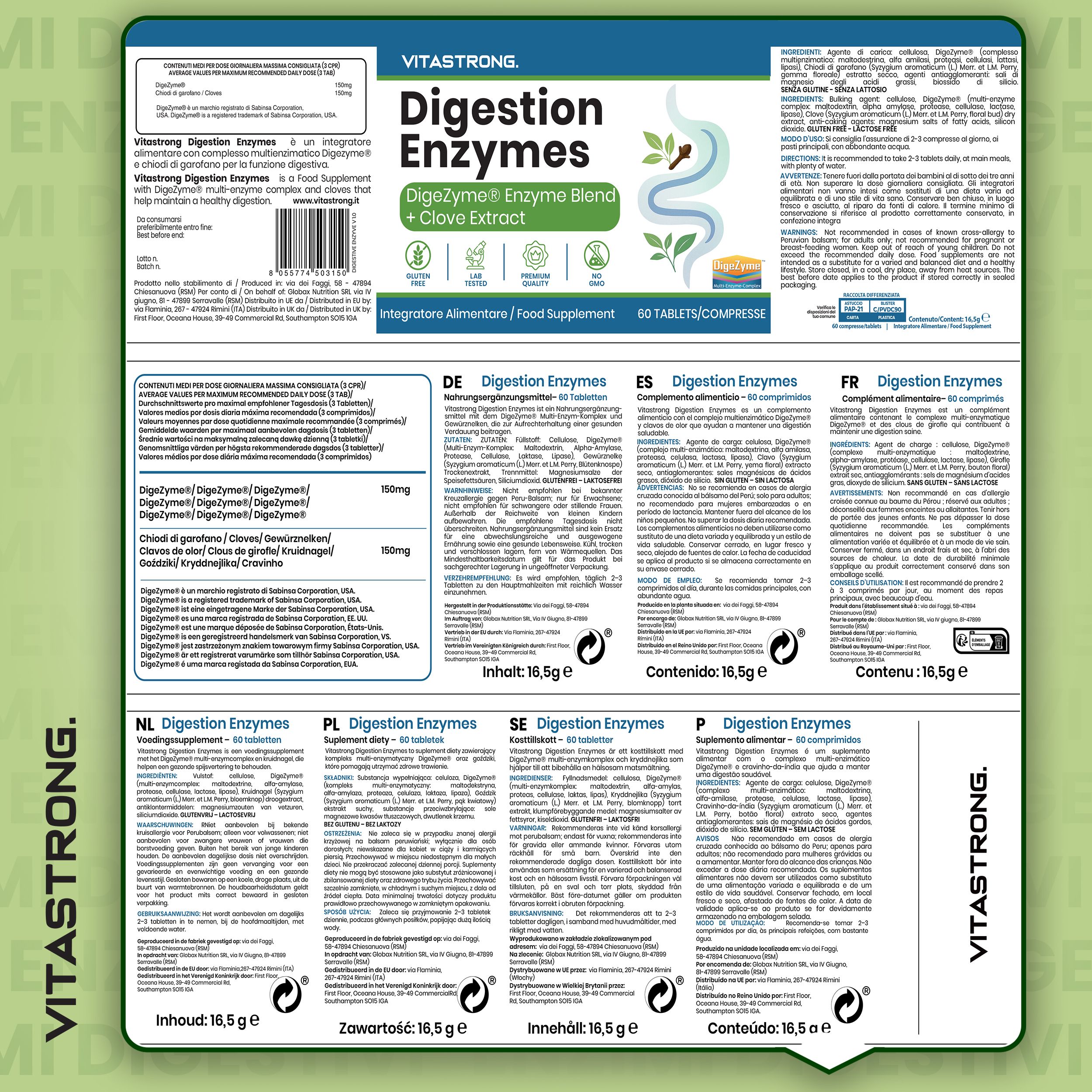 Vitastrong Digestion Enzymes. Produktverpackung mit 60 Tabletten. Enthält Informationen in verschiedenen Sprachen.