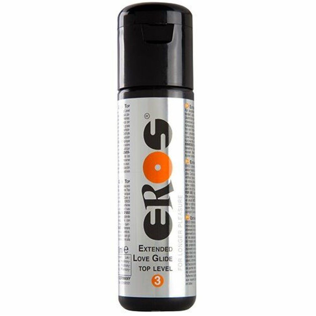 Zylindrische Flasche mit schwarzem Deckel. Aufschrift "EROS" mit orangefarbenem Kreis. Text: "Extended Love Glide Top Level 3".