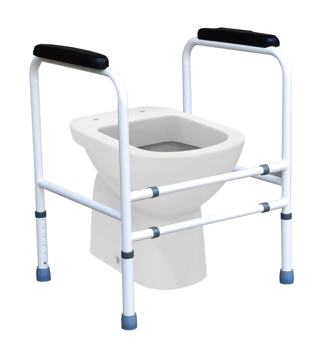 Toilettengriff mit Armlehnen, weißes Metallgestell, schwarze Armauflagen, montiert an einer Toilette.