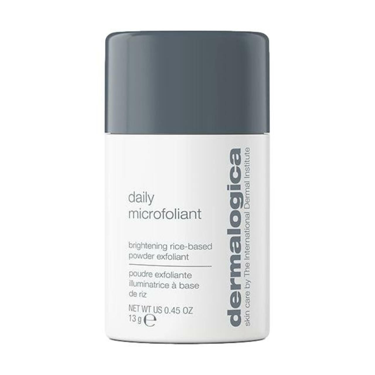 Zylindrische Flasche mit grauem Deckel. Aufschrift: daily microfoliant, dermalogica. 13 g.