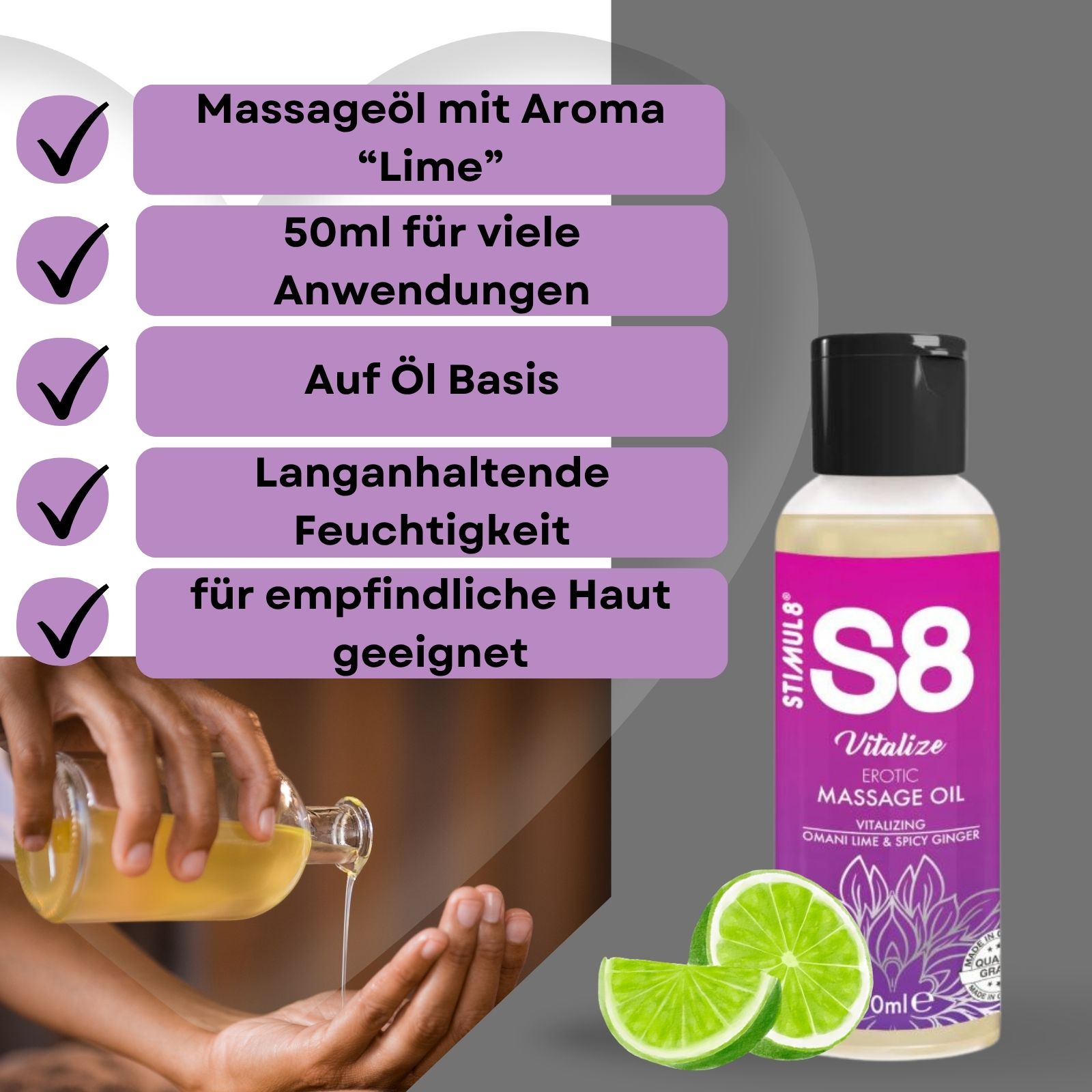 Massageöl-Flasche mit schwarzem Deckel. Aufschrift: S8 Vitalize Erotic Massage Oil. 50ml. Limettenscheiben.