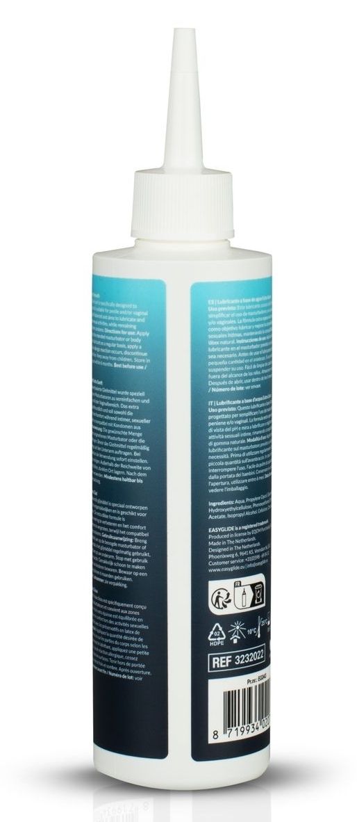 Rückseite einer Flasche mit weißem Deckel. Text: Easyglide Waterbased Lubricant. Informationen in mehreren Sprachen, darunter Deutsch und Englisch.