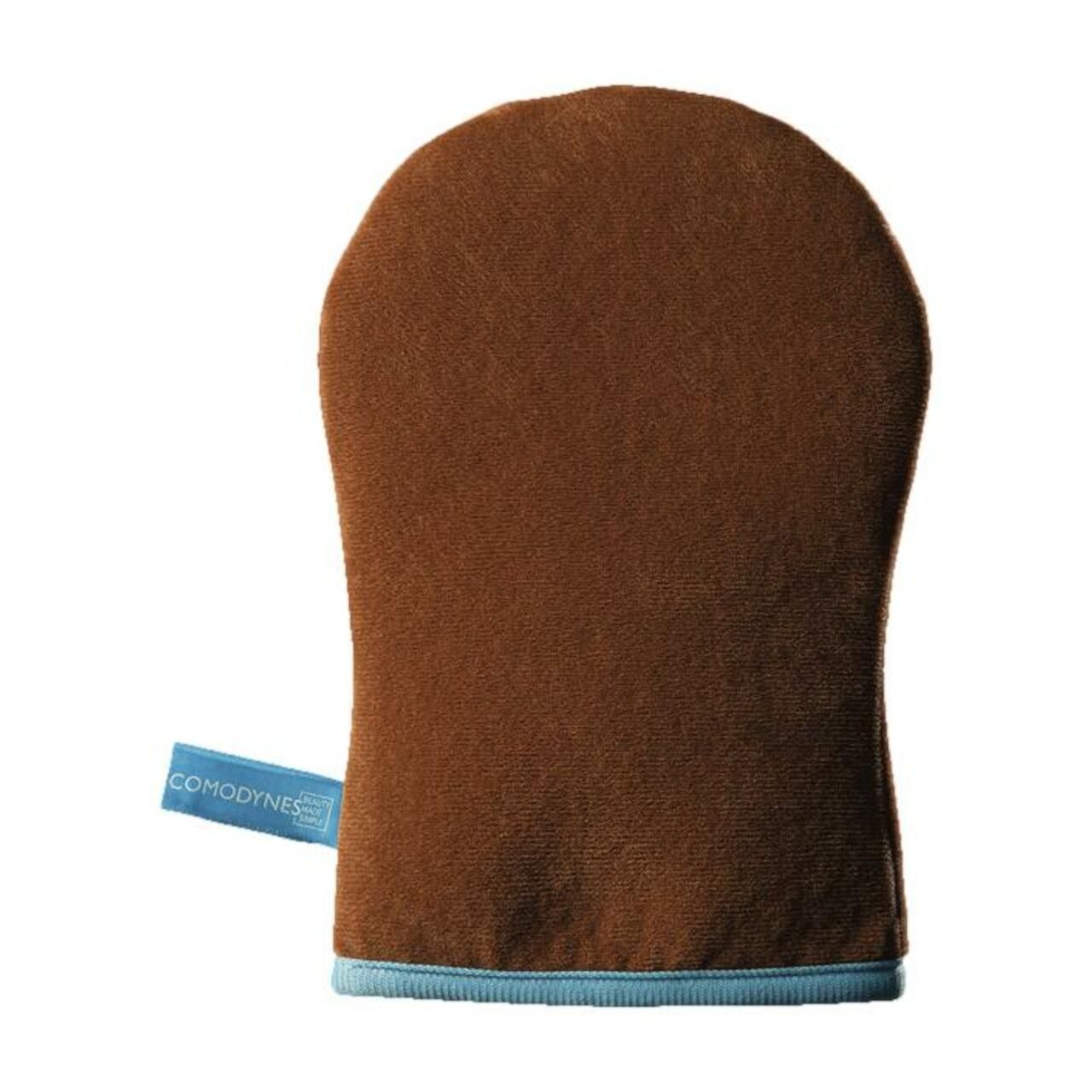 Brauner Handschuh mit blauem Saum und Label. Label mit "comodynes" Schriftzug.