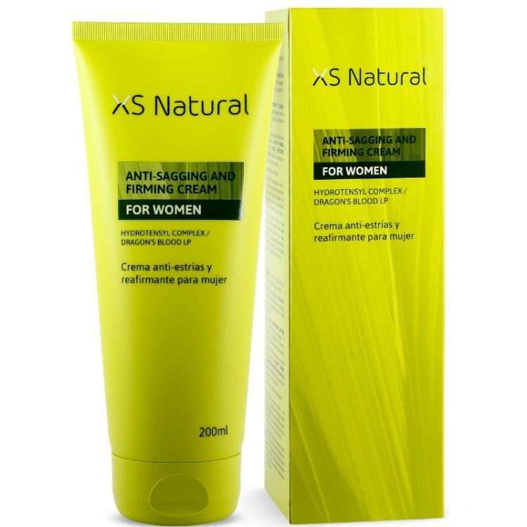 Gelbe Tube und Schachtel mit XS Natural-Logo und Text: Anti-Sagging and Firming Cream for Women. Tube: 200ml.