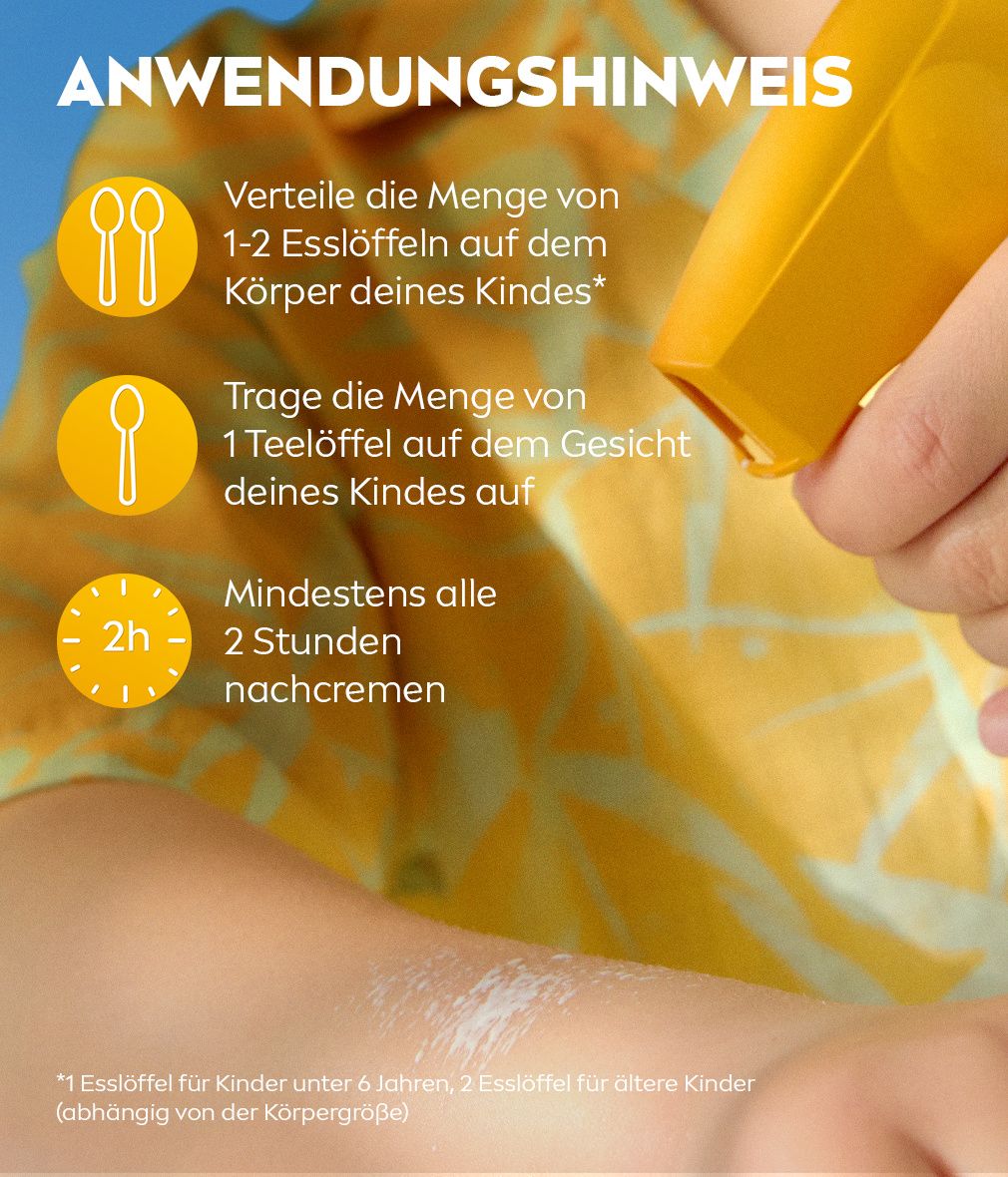Anwendungshinweise für NIVEA Sun Kids Sonnenspray: Menge auf Körper und Gesicht verteilen, alle 2 Stunden nachcremen.