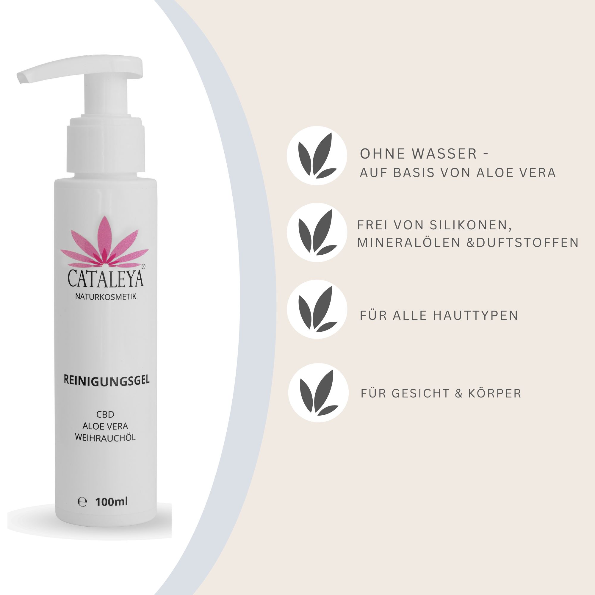 Weiße Flasche mit Pumpe. Aufschrift: CATALEYA NATURKOSMETIK, REINIGUNGSGEL, CBD, Aloe Vera, Weihrauchöl. Daneben: Ohne Wasser, Frei von Silikonen, Für alle Hauttypen, Für Gesicht & Körper.