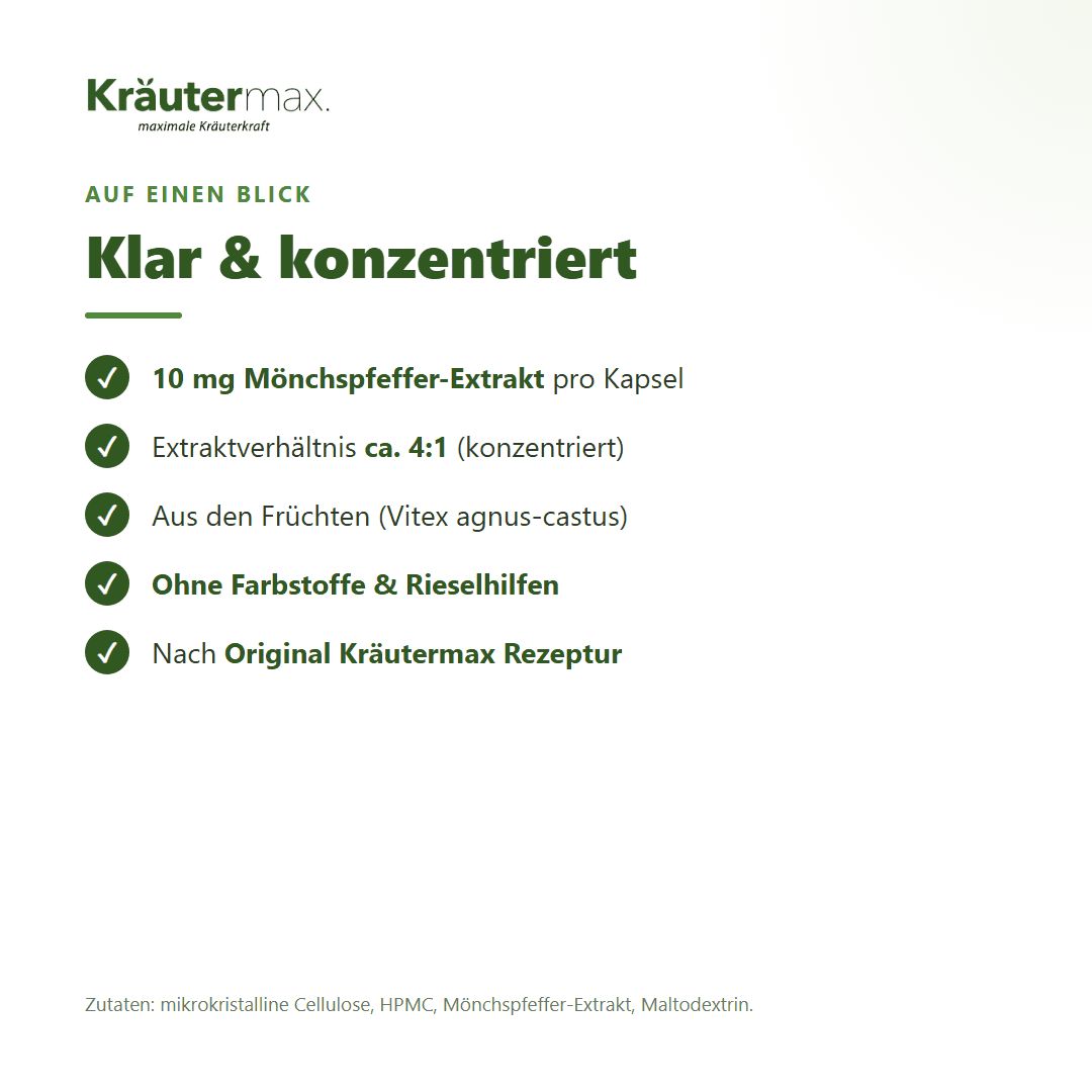 Anwendung Kräutermax Mönchspfeffer: 1 Kapsel täglich mit Flüssigkeit einnehmen.
