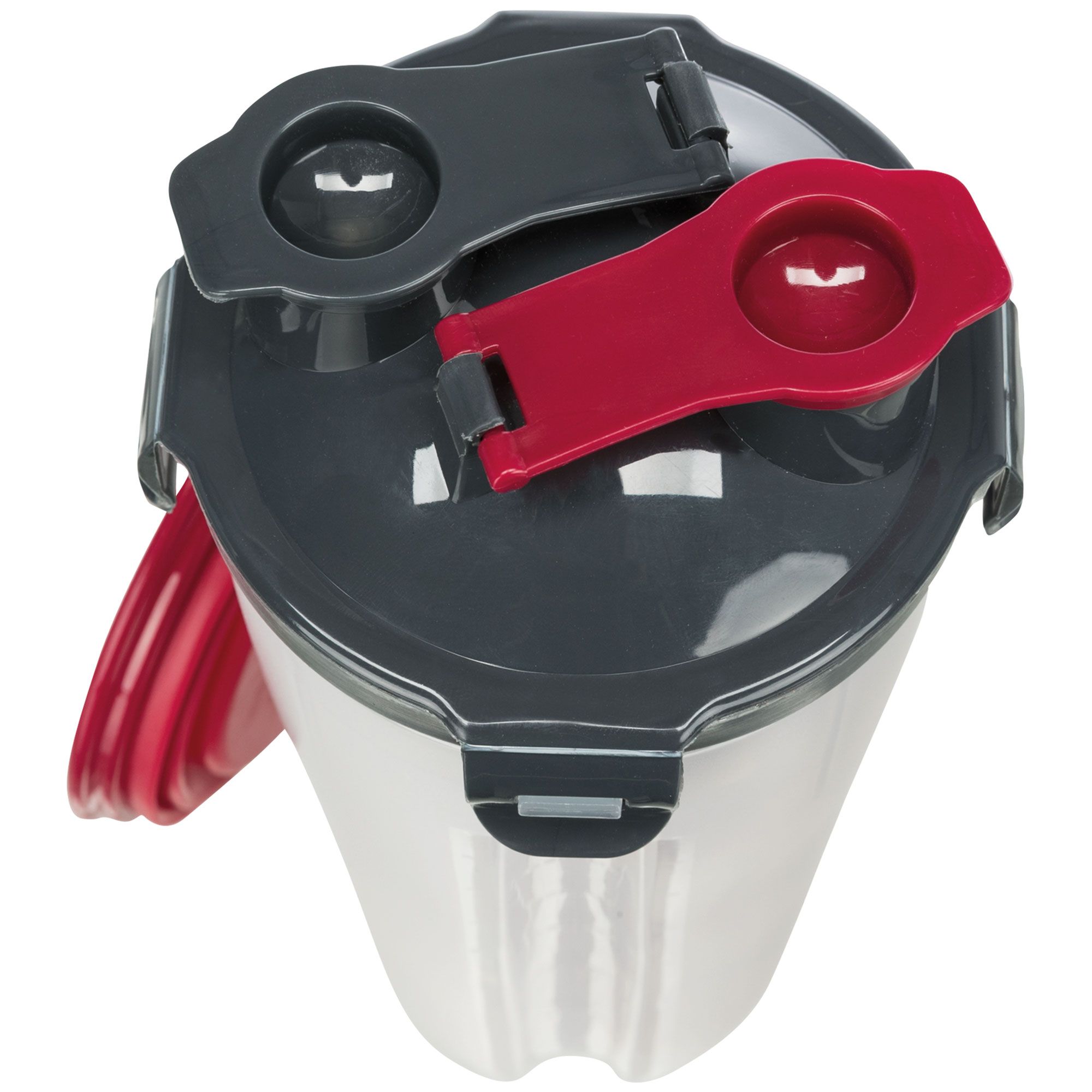 Kombinierter Reise-Futter- und Wasserbehälter. Grauer Deckel mit rotem Verschluss und rotem Klappnapf.