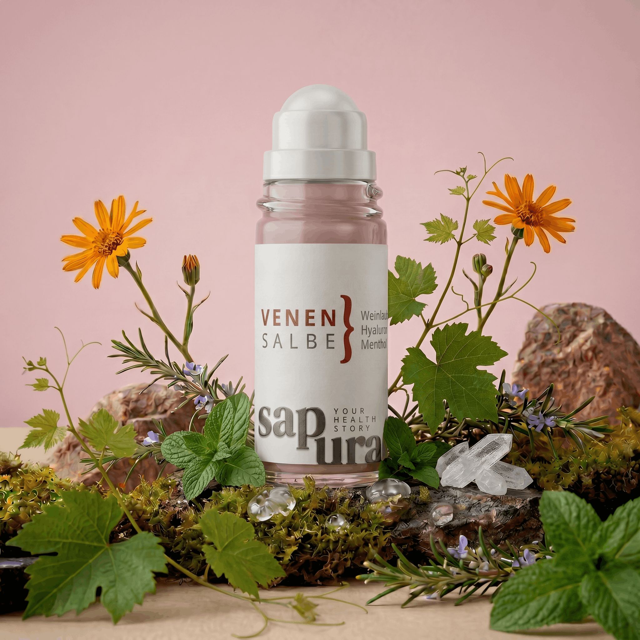 Venensalbe Roll-On umgeben von Weinlaub, Kräutern und Blumen.