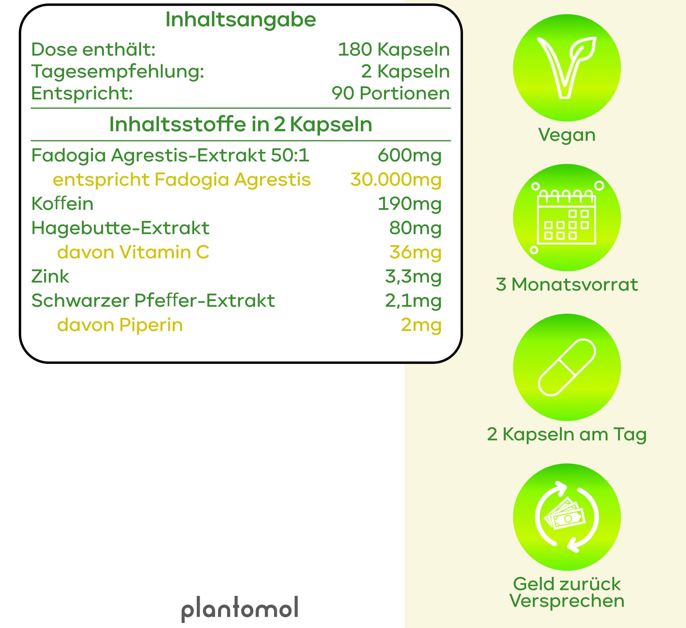 Nährwerttabelle: Fadogia Agrestis-Extrakt, Koffein, Hagebutte, Zink, Schwarzer Pfeffer. Vegan, 3-Monatsvorrat, 2 Kapseln täglich, Geld-zurück-Garantie.