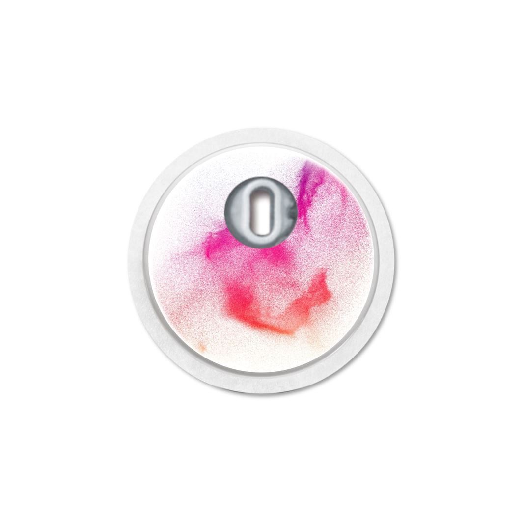 Runder Aufkleber mit farbigem Puder-Design und einem silbernen Element mit der Zahl 0.