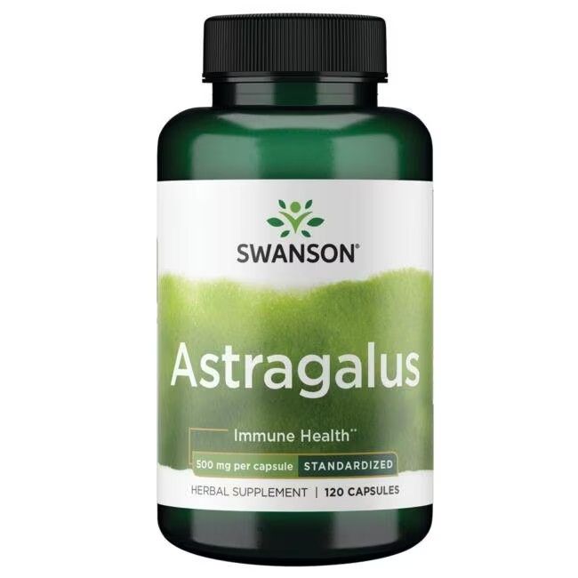 Grüne Flasche mit weißem Etikett. Aufschrift: SWANSON Astragalus, 500 mg, 120 Kapseln. Schwarzer Deckel.