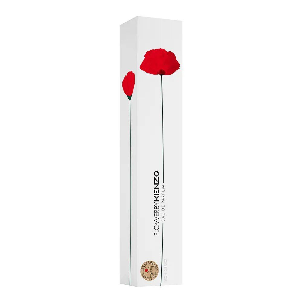 Verpackung mit roter Blume und Schriftzug. Weißer Karton mit roter Blume und Text.