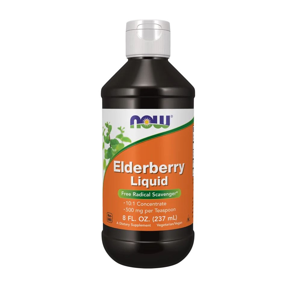 Braune Flasche mit weißem Deckel. Aufschrift: Elderberry Liquid, Now. 8 FL. OZ. (237 ml).