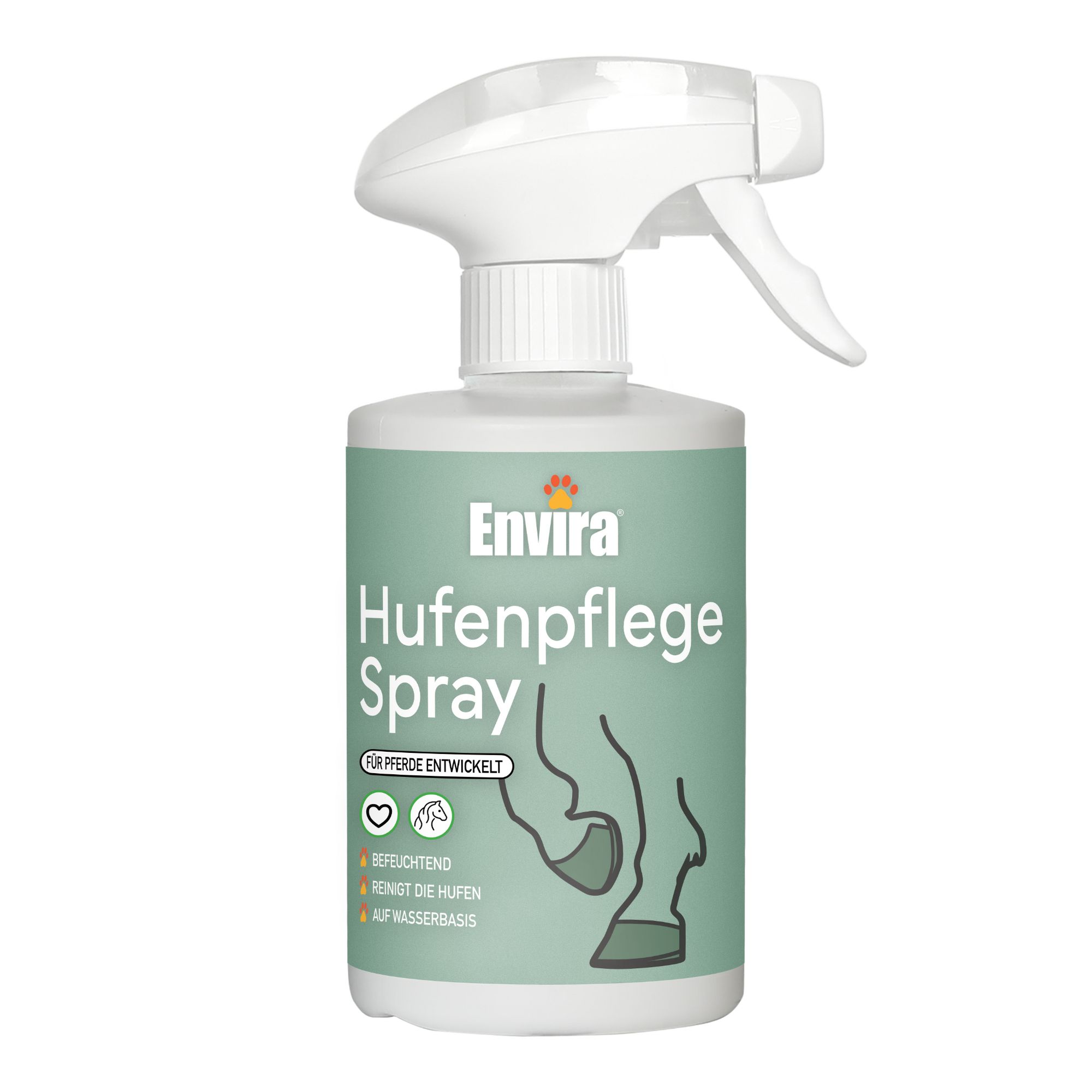 Grüne Sprühflasche mit weißem Sprühkopf. Aufschrift: Envira Hufenpflege Spray. Illustration eines Hufes.