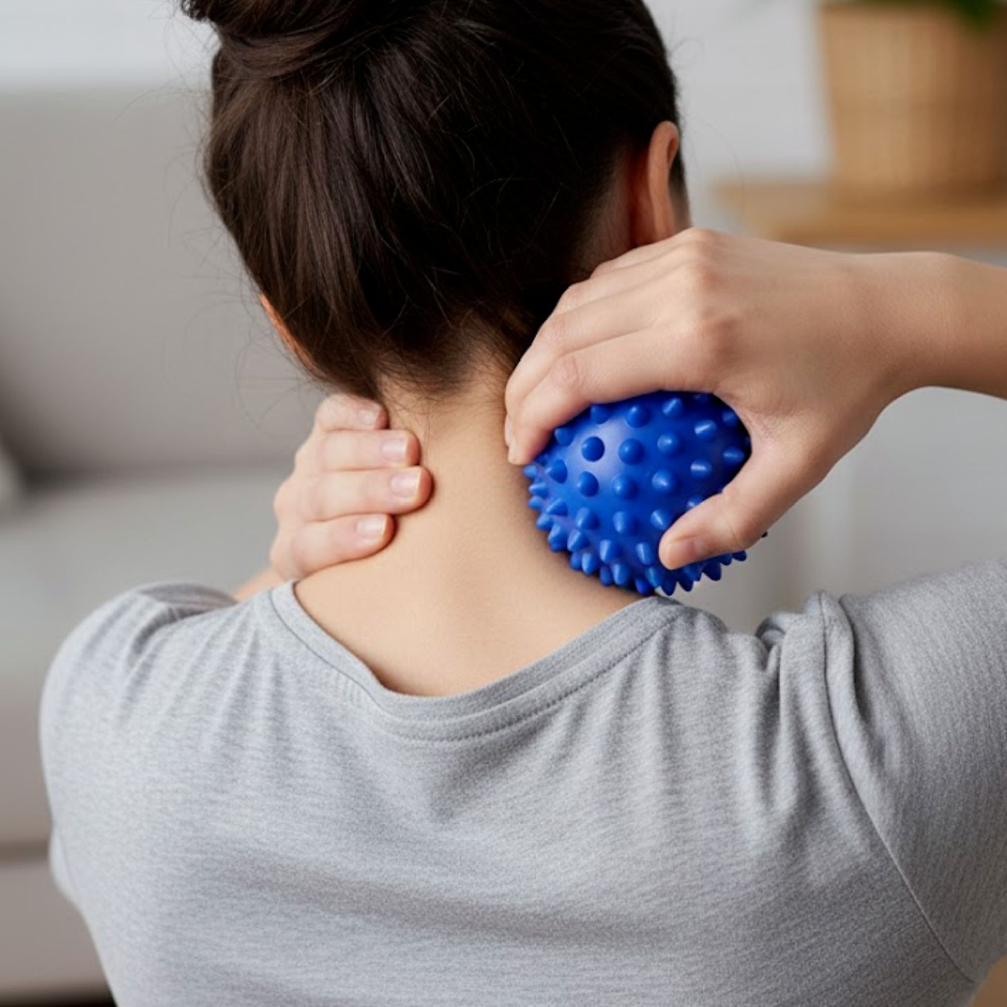 Person hält blaue, stachelige Massagekugel an den Nacken. Graues T-Shirt.