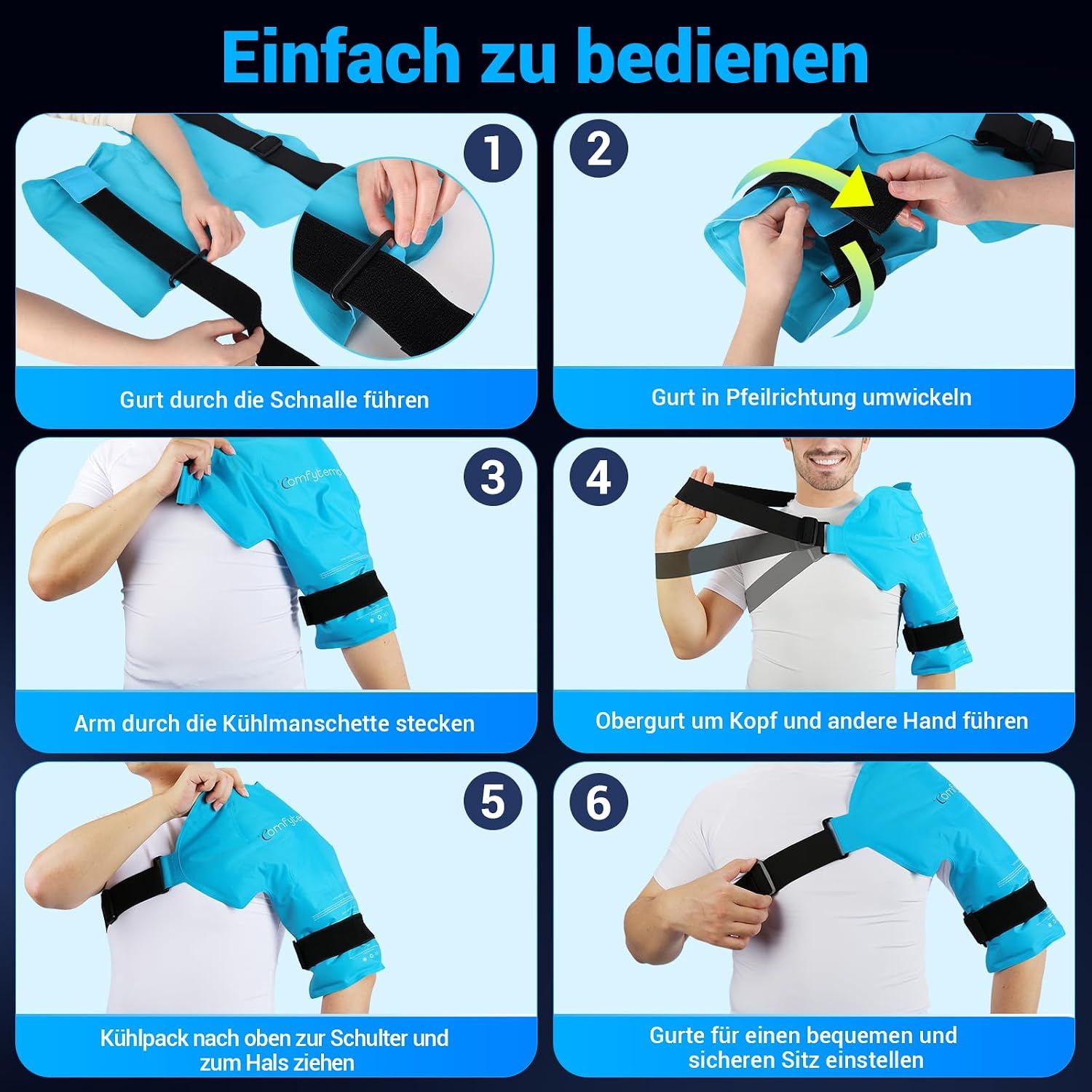 Anleitung zur Anwendung einer blauen Kühlmanschette für die Schulter.