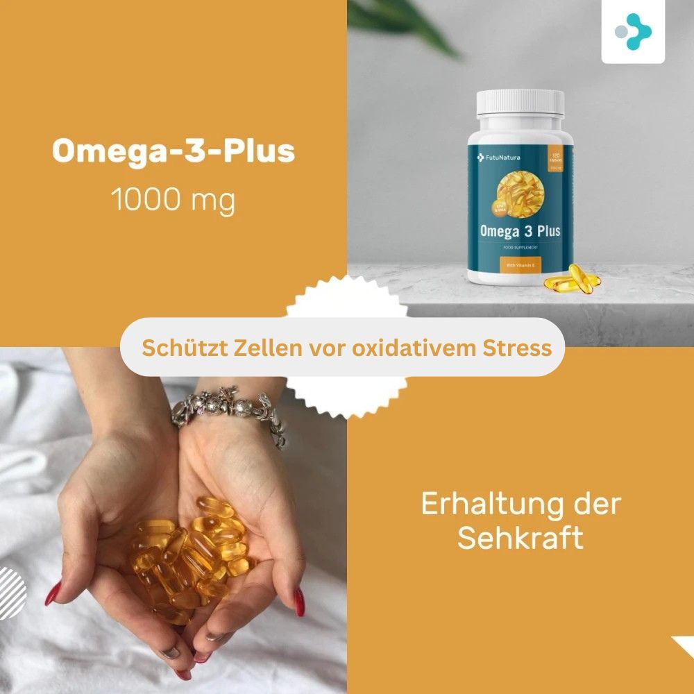 Hände halten Omega 3 Plus Kapseln. Flasche im Hintergrund. Text: Omega-3-Plus 1000 mg, Schützt Zellen vor oxidativem Stress, Erhaltung der Sehkraft.