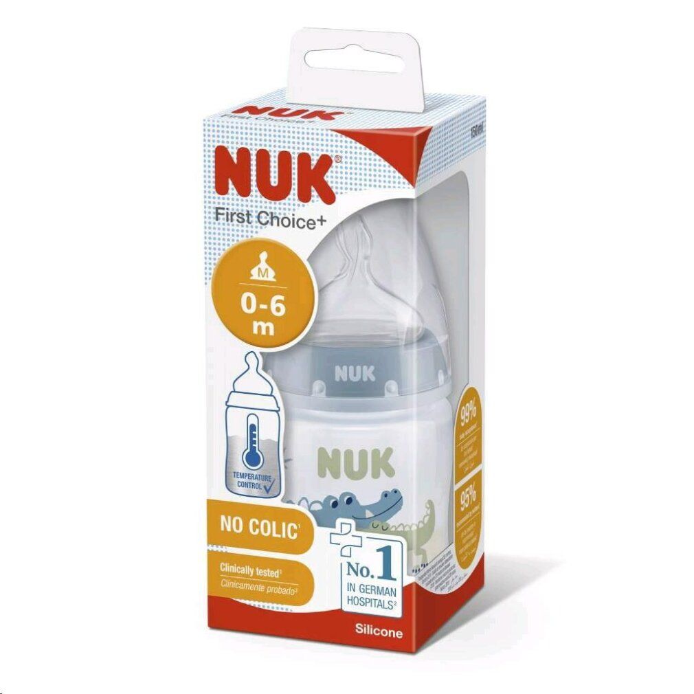 Verpackung mit Babyflasche. Aufdrucke: NUK, First Choice+, 0-6 m, No Colic, Silikon, Temperaturkontrolle.