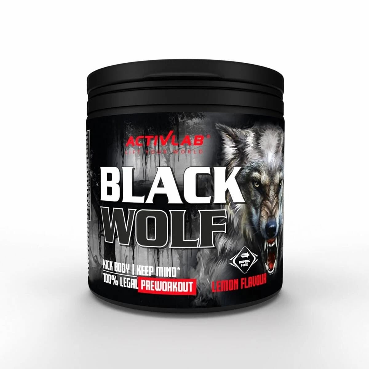Activlab Black Wolf PreWorkout Dose mit Wolfsbild und Produktinformationen.