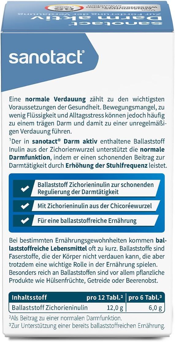 Rückseite der Sanotact Darm aktiv-Verpackung. Text: Informationen zu Inhaltsstoffen, Ballaststoffen, und der Wirkung auf die Darmfunktion.