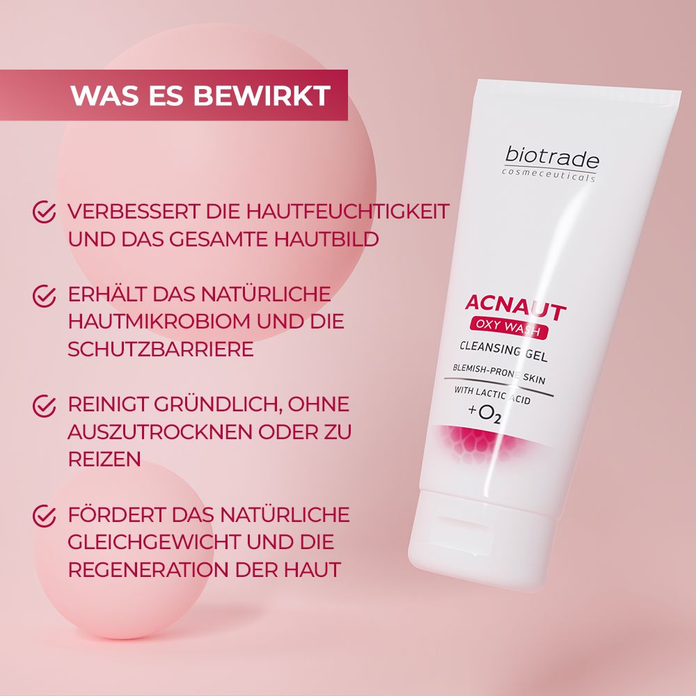 Produkt-Tube mit Text. Text: Acnaut Oxy Wash Cleansing Gel. Auf rosa Hintergrund mit Text-Boxen.
