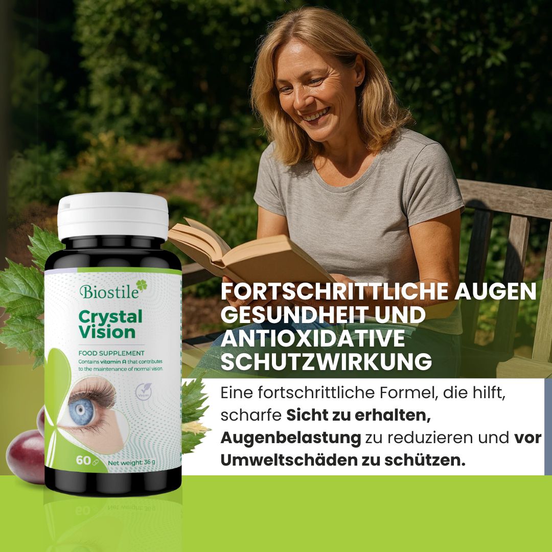 Flasche Biostile Crystal Vision neben einer lesenden Frau im Freien.
