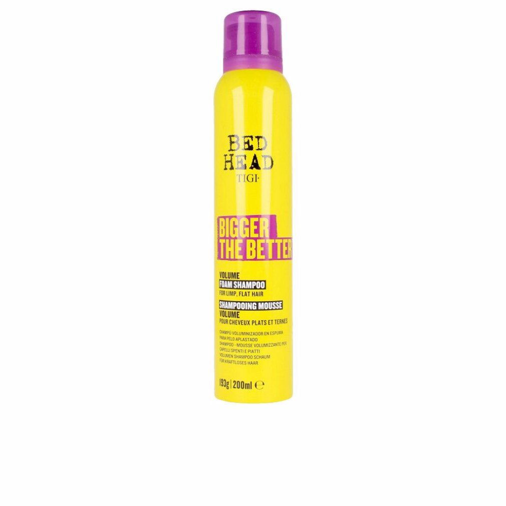 Gelbe Sprühflasche mit lila Verschluss. Aufschrift: Bed Head TIGI, Bigger The Better, Volume Foam Shampoo. Für feines Haar.