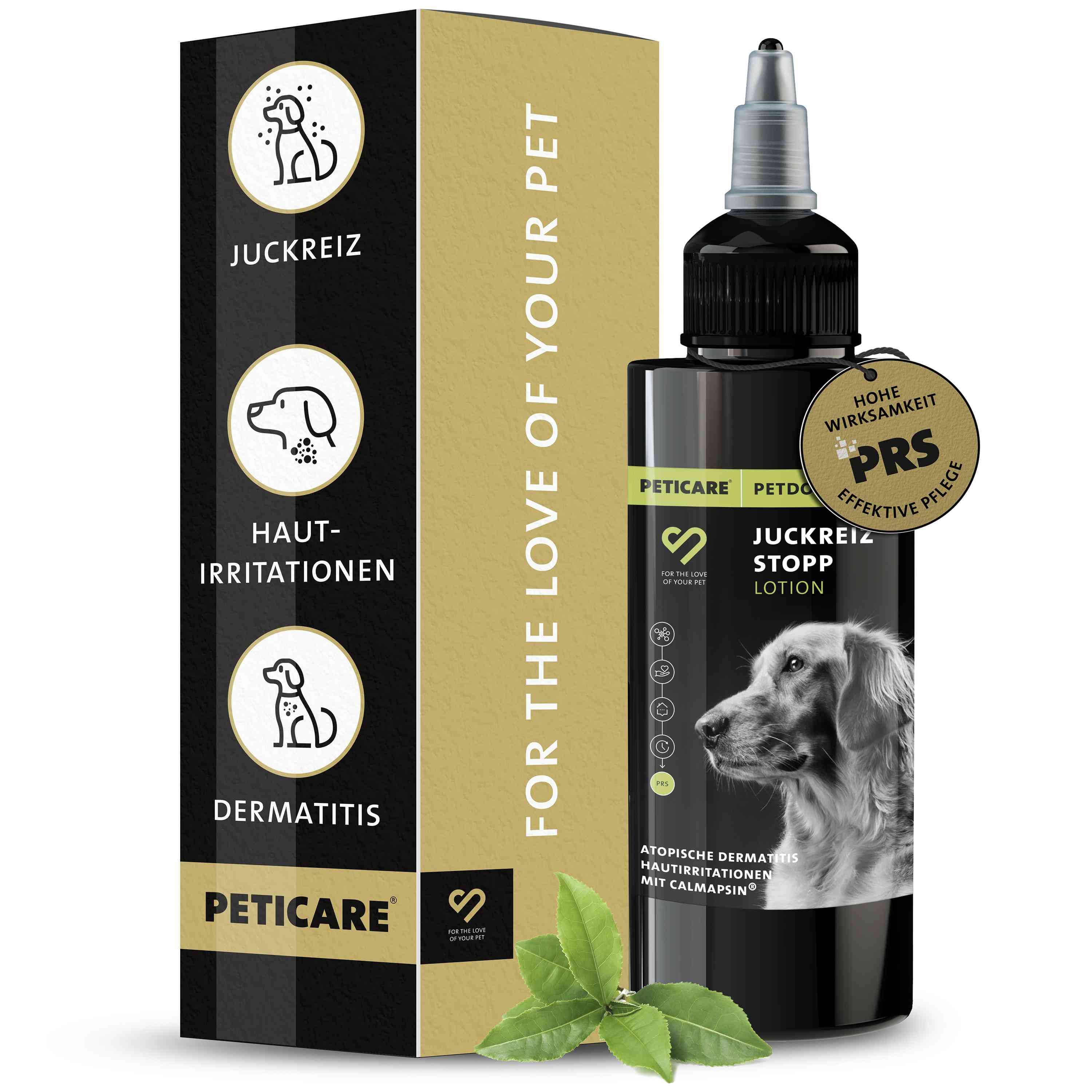 Produkt mit Verpackung. Text: Juckreiz, Hautirritationen, Dermatitis. Logo Peticare. Für die Liebe Ihres Haustieres.