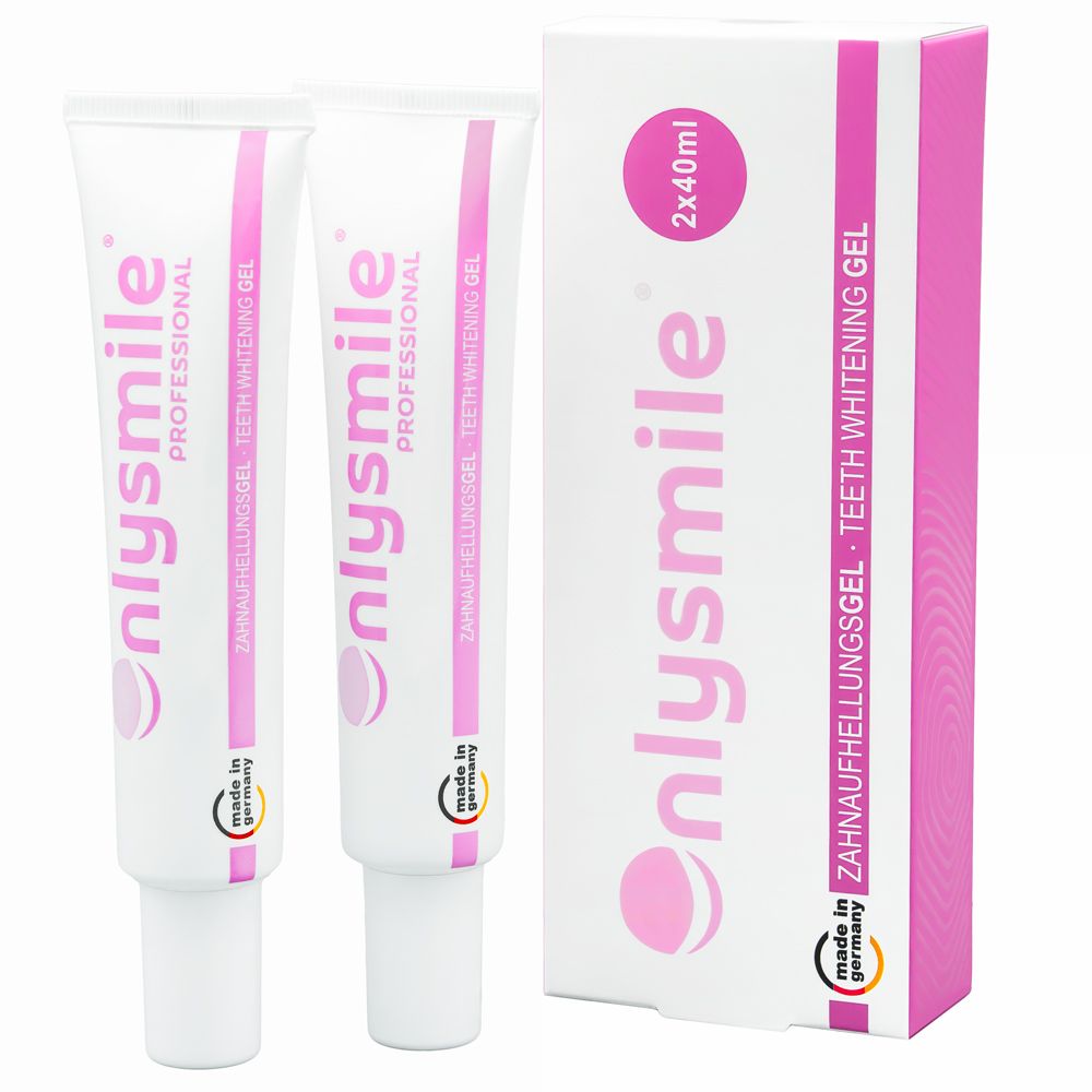 Zwei Tuben OnlySmile® Zahnaufhellung Gel und eine Verpackung. Rosa und weiße Tuben, rosa Verpackung.
