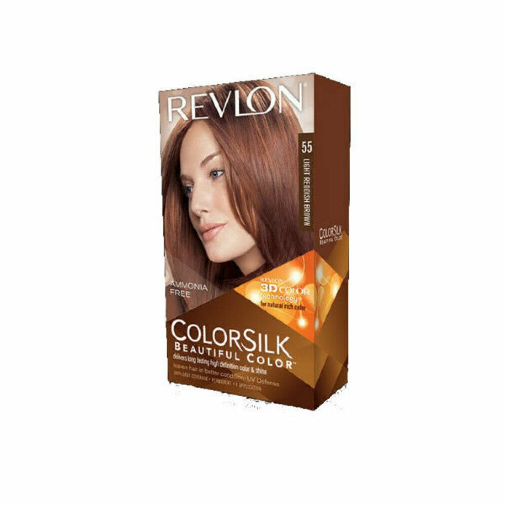 Revlon Colorsilk Haarfarbe, Farbton 55 Light Reddish Brown. Verpackung mit Frau, die das Ergebnis zeigt. 3D Color Gel Technologie.