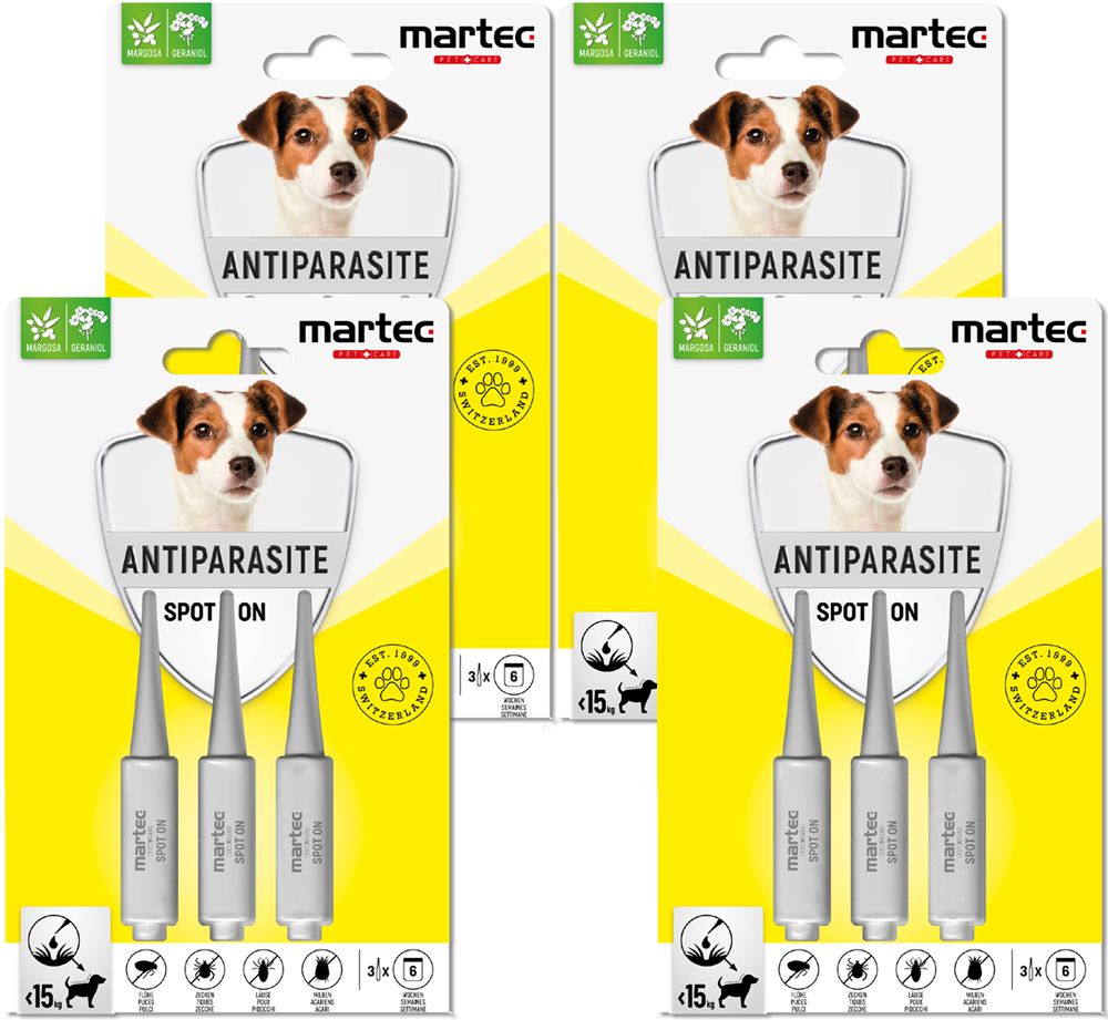 Verpackung mit vier Blistern. Jeder Blister enthält drei Spot-On-Pipetten. Aufdruck: Antiparasite, martec, Hund.