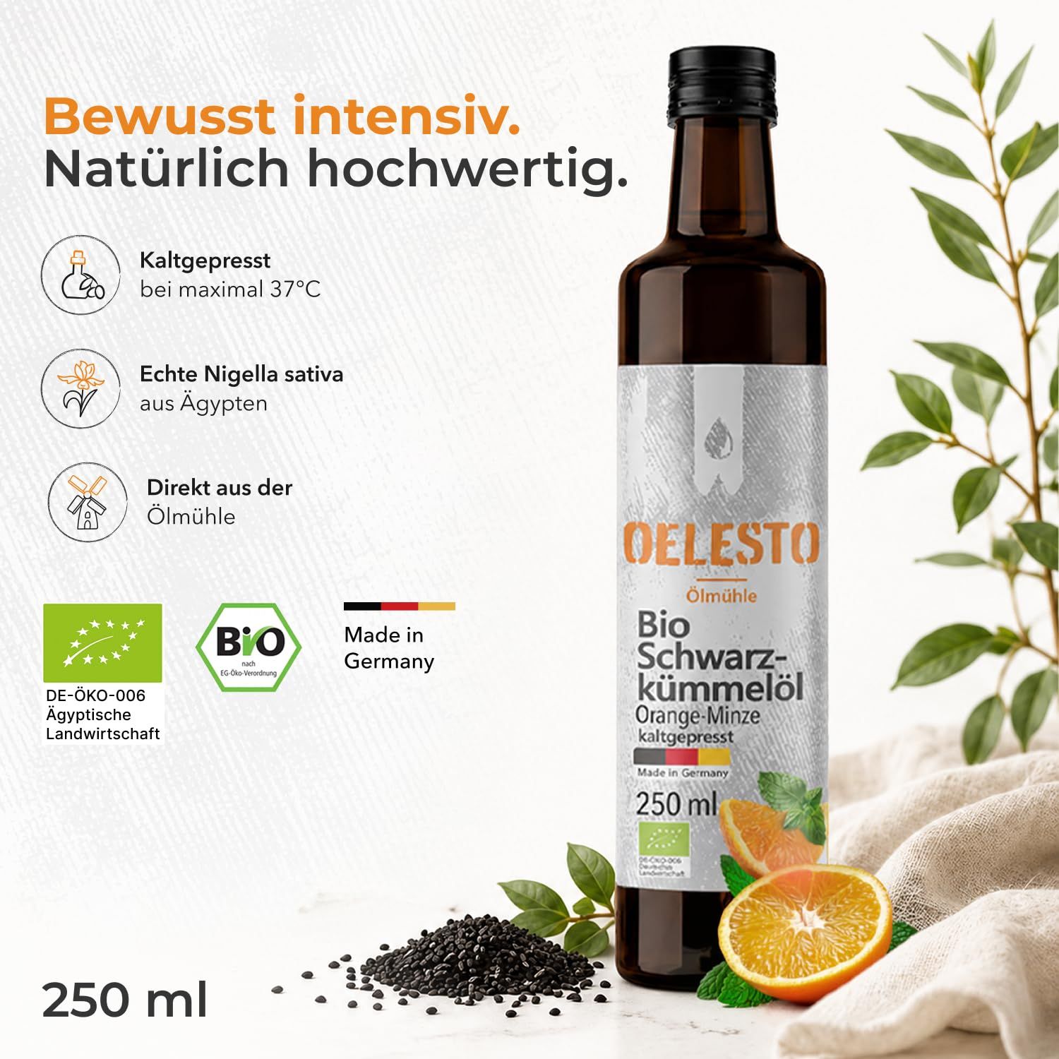 OELESTO Bio-Schwarzkümmelöl Orange-Minze ungefiltert kaltgepresst aus ägyptischer Saat