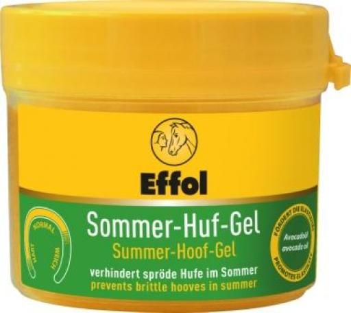 Gelbehälter mit grünem Etikett. Aufschrift: Effol Sommer-Huf-Gel. Enthält Avocadoöl. Verhindert spröde Hufe im Sommer.