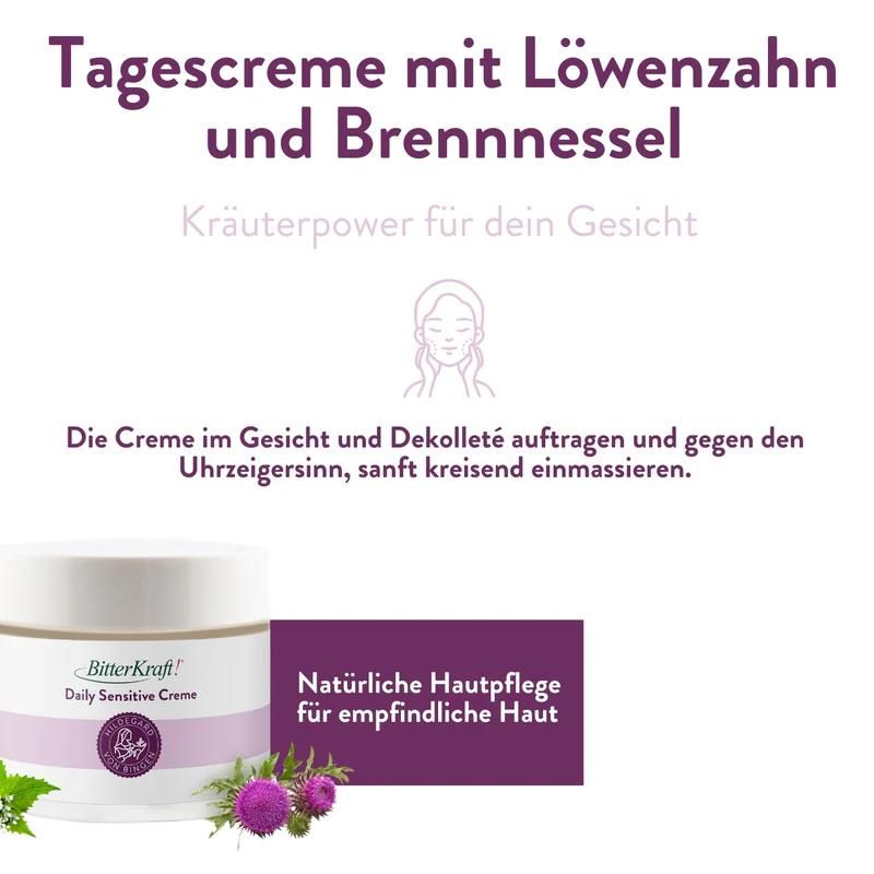 Creme-Tiegel mit Produktnamen und Logo. Text: Tagescreme mit Löwenzahn und Brennnessel. Natürliche Hautpflege für empfindliche Haut. Kräuter.
