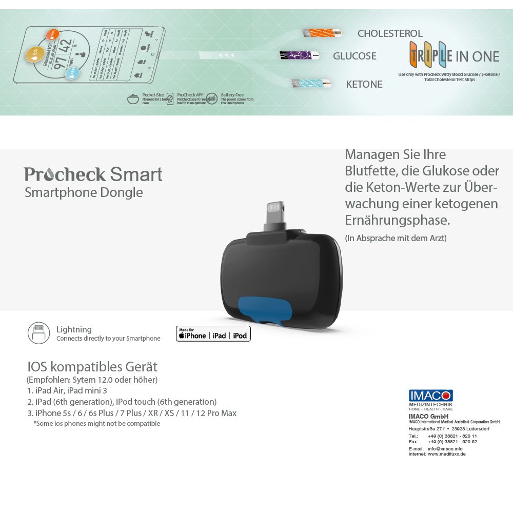 Procheck Smart Multi Dongle im Starterset- inkl. Cholesterin, Keton, Blutzucker Teststreifen