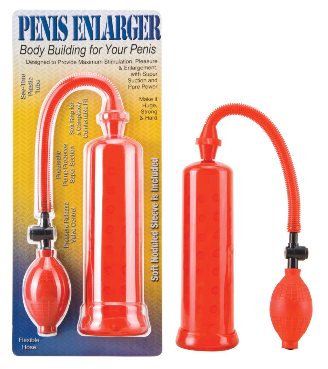 Rote Penis Enlarger Potenzpumpe. Besteht aus Zylinder, Schlauch und Pumpe. Auf Blisterkarte mit Produktname.
