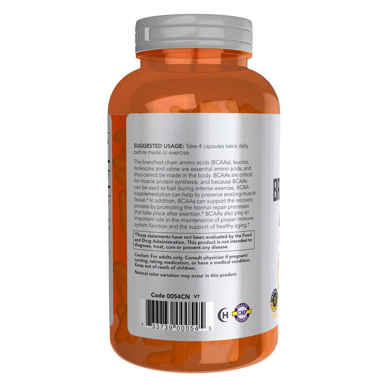 Rückseite einer orangefarbenen Flasche. Etikett mit Anwendungshinweisen und Warnhinweisen. NOW FOODS-Logo.