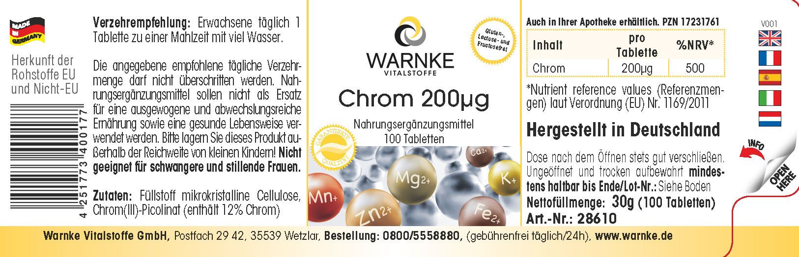 Etikett einer Flasche. Aufschrift: Warnke Vitalstoffe Chrom 200µg. 100 Tabletten. Nährwertangaben. Hergestellt in Deutschland.