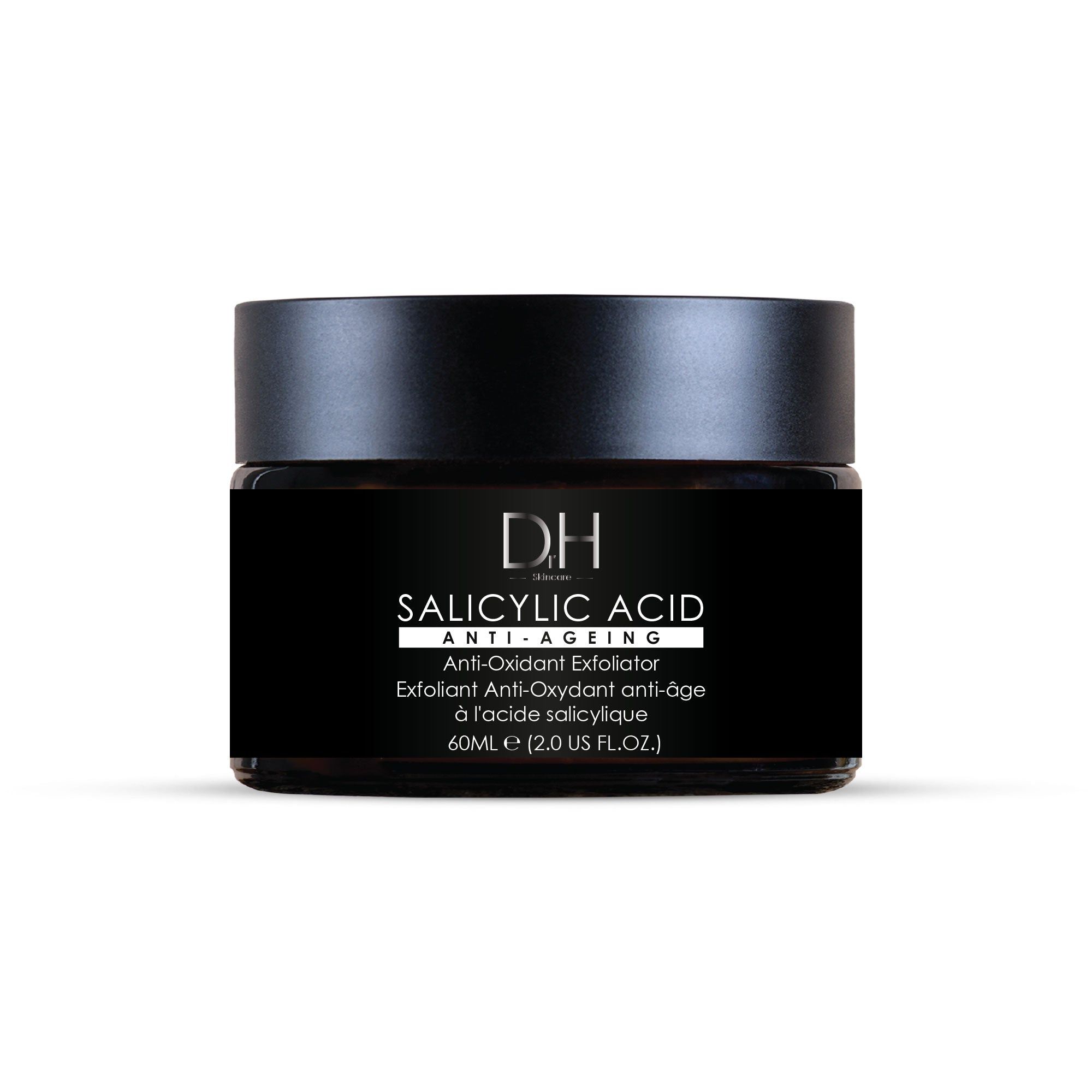 Tiegel mit Salicylsäure. Schwarzer Tiegel mit schwarzem Deckel. Aufschrift: Salicylsäure, Anti-Aging, Anti-Oxidant.