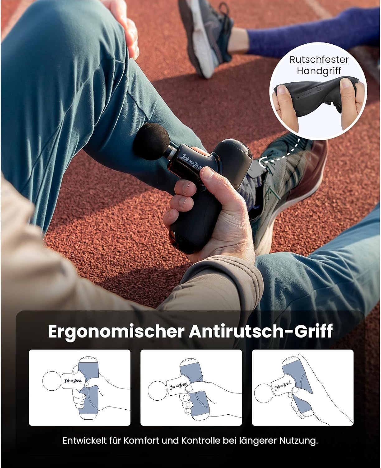 Schwarze Massagepistole mit ergonomischem Griff und abnehmbarem Massagekopf.