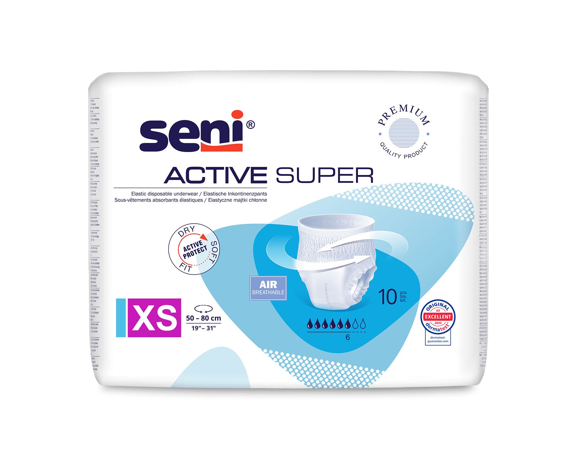 Verpackung Seni Active Super. XS-Größe. Trocken, atmungsaktiv. 10 Stück. Premium-Qualität. Mit Zertifizierung.
