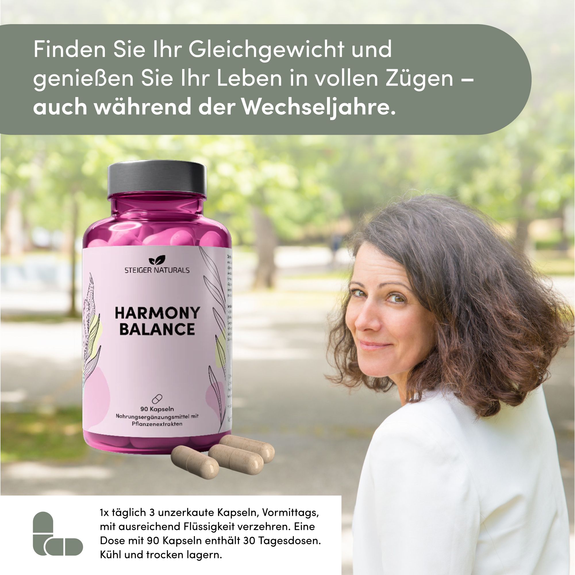 Flasche Harmony Balance und Kapseln. Aufschrift: Harmony Balance. 90 Kapseln. Frau im Hintergrund. Nahrungsergänzungsmittel mit Pflanzenextrakten.