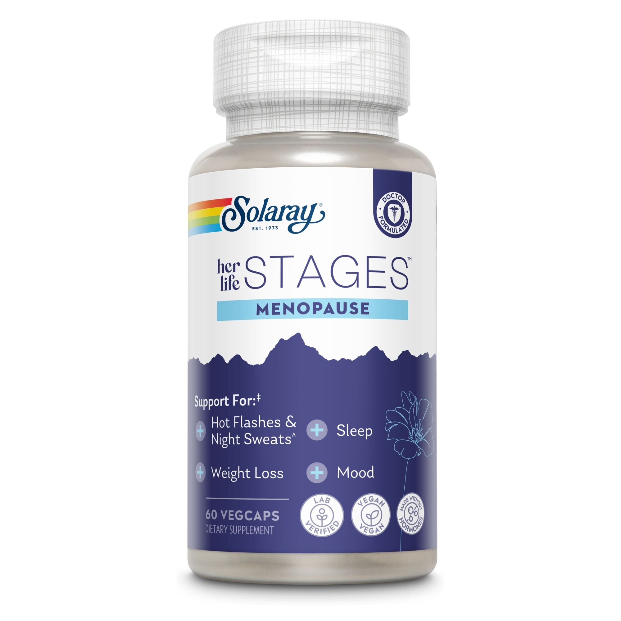 Solaray Stages Menopause. Flasche mit 60 Vegicaps. Unterstützt bei Hitzewallungen, Nachtschweiß, Gewichtsverlust, Schlaf und Stimmung. Vegan.