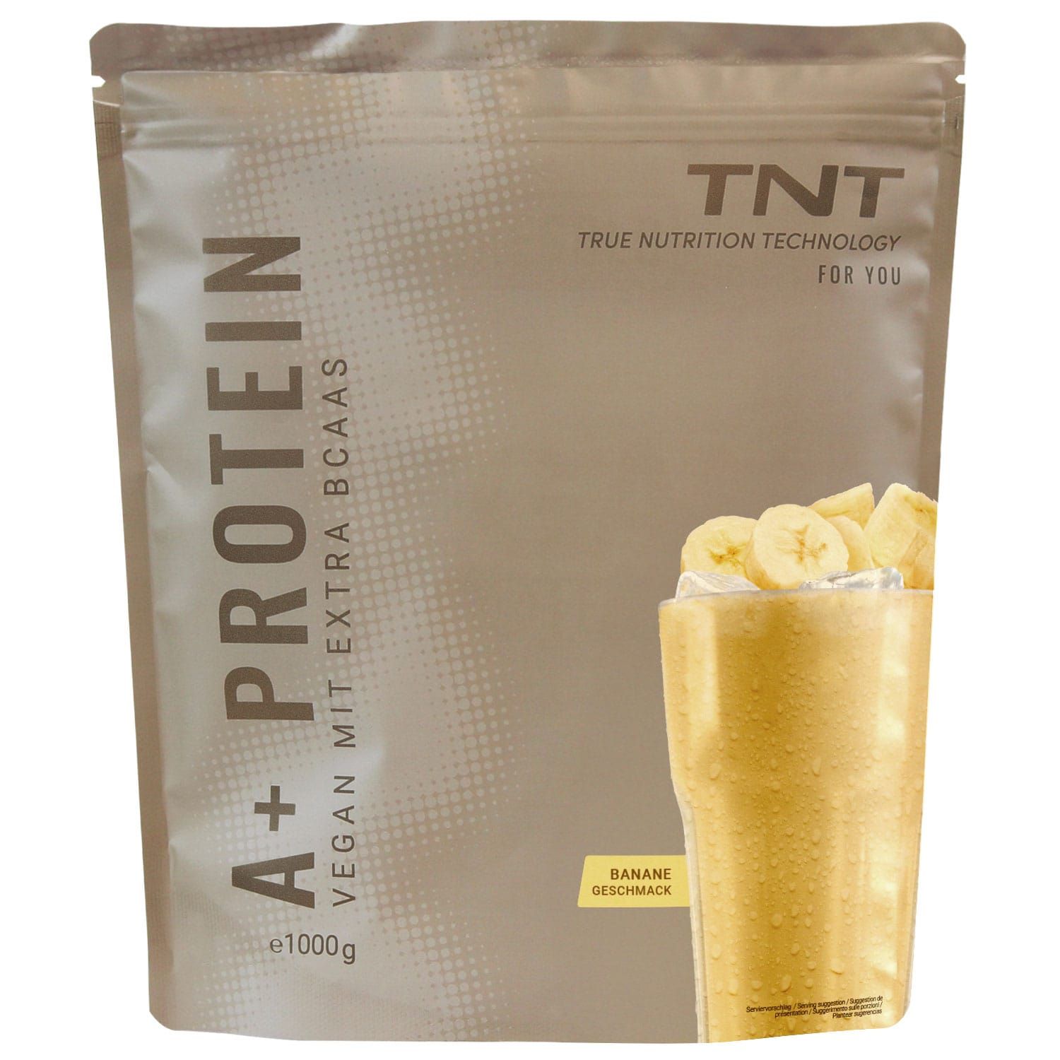 Beutel TNT A+ Protein, vegan. Text: A+ Protein, vegan mit extra BCAAs, Bananengeschmack. Inhalt: 1000g.